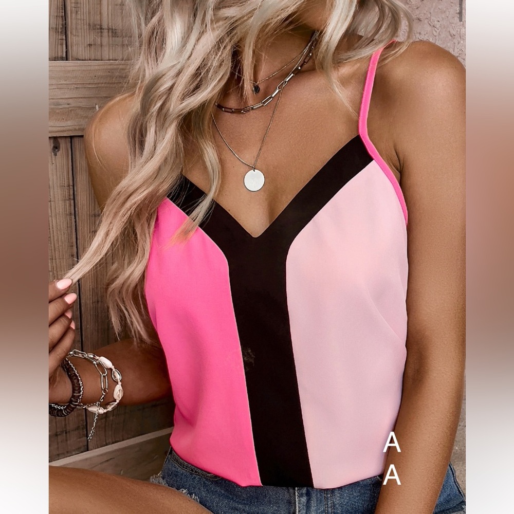 Classic Elegant Color Block Cami Tank Top Blouse Shirt - Picture 2 of 4